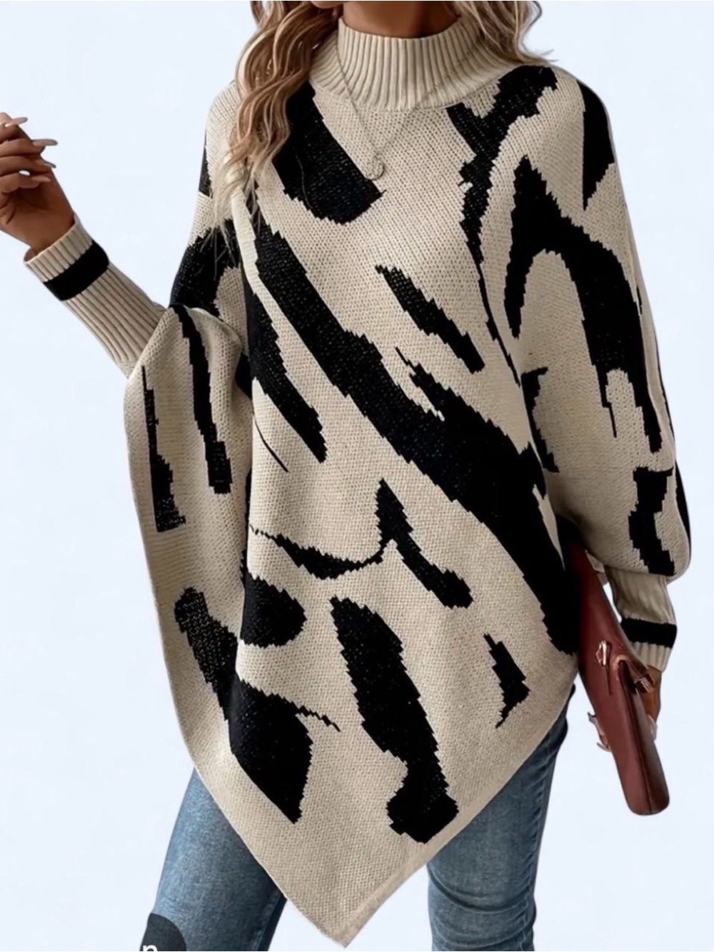Poncho Sweater - Women's cardigan XL 1X tan black cream mock neck turtleneck 0X